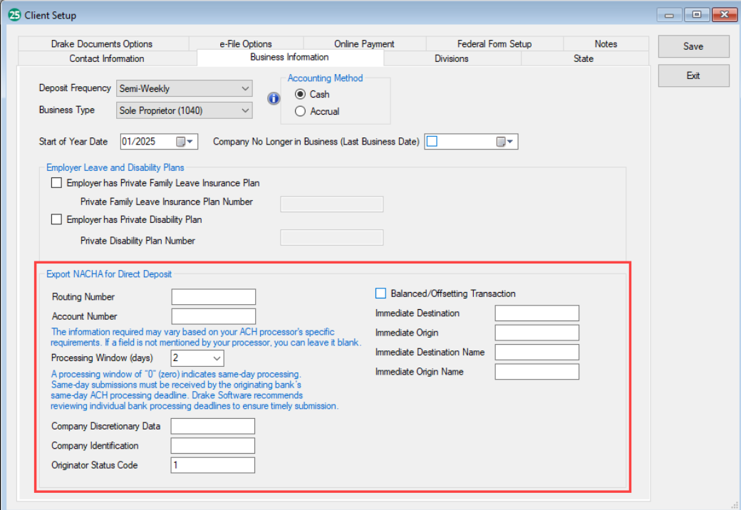 Client Setup NACHA screen